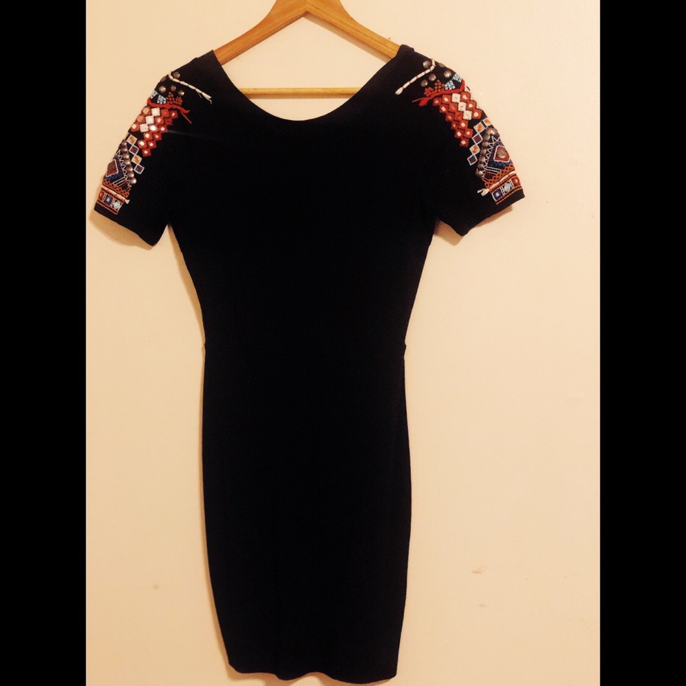 Black Bodycon Dress w Fun Sleeve Embellishment